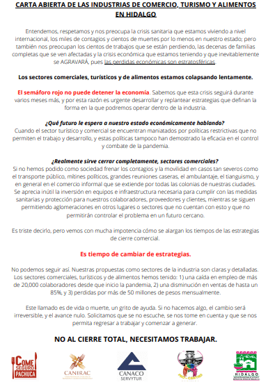 Carta abierta de las industrias de Comercio, Turismo y Alimentos de Hidalgo