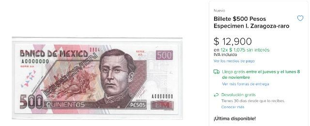 Billete de 500 pesos se oferta en casi 13 mil pesos en internet.
