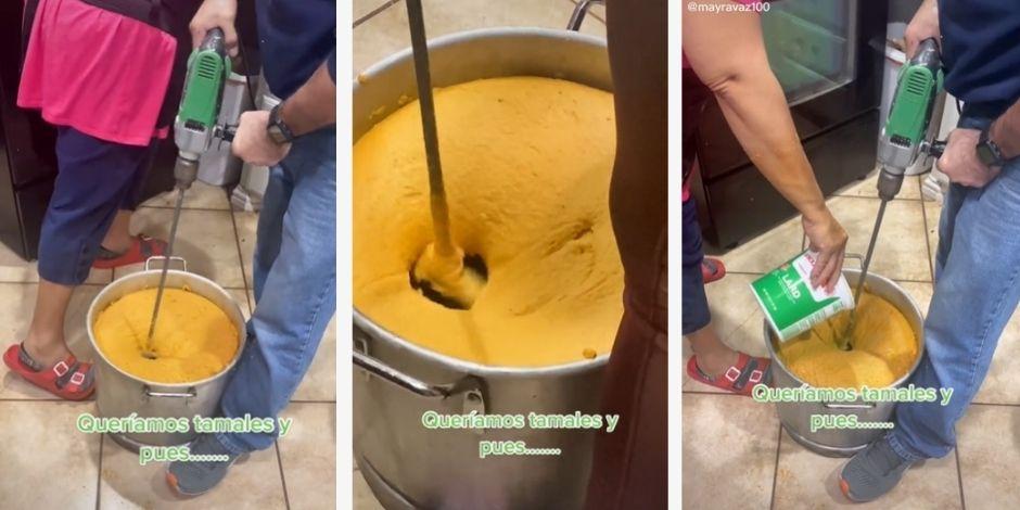 VIDEO Familia se vuelve viral por hacer tamales con un taladro