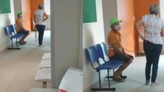 VIDEO Mujer lleva amarrado a su esposo a vacunarse contra Covid-19